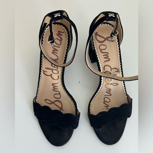 Sam Edelman Odila Black Leather Scallop Edge Block Heel Ankle Strap Sandal 7 - Picture 3 of 9
